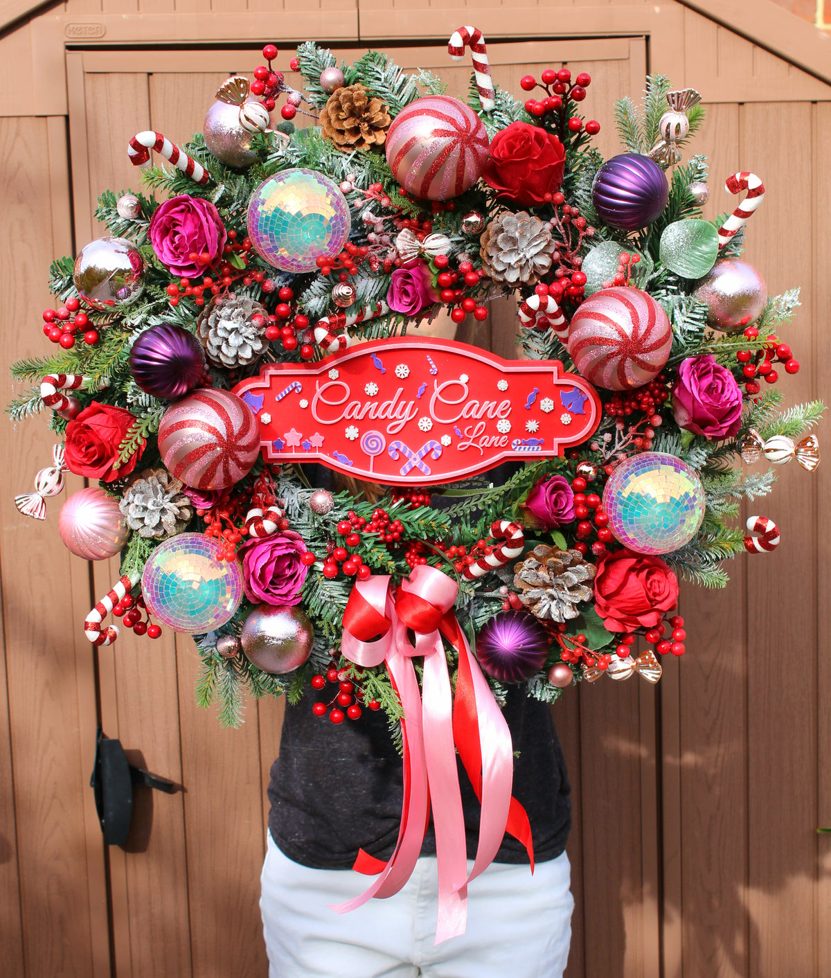 Candy Cane Lane Pink Door Wreath 60cm