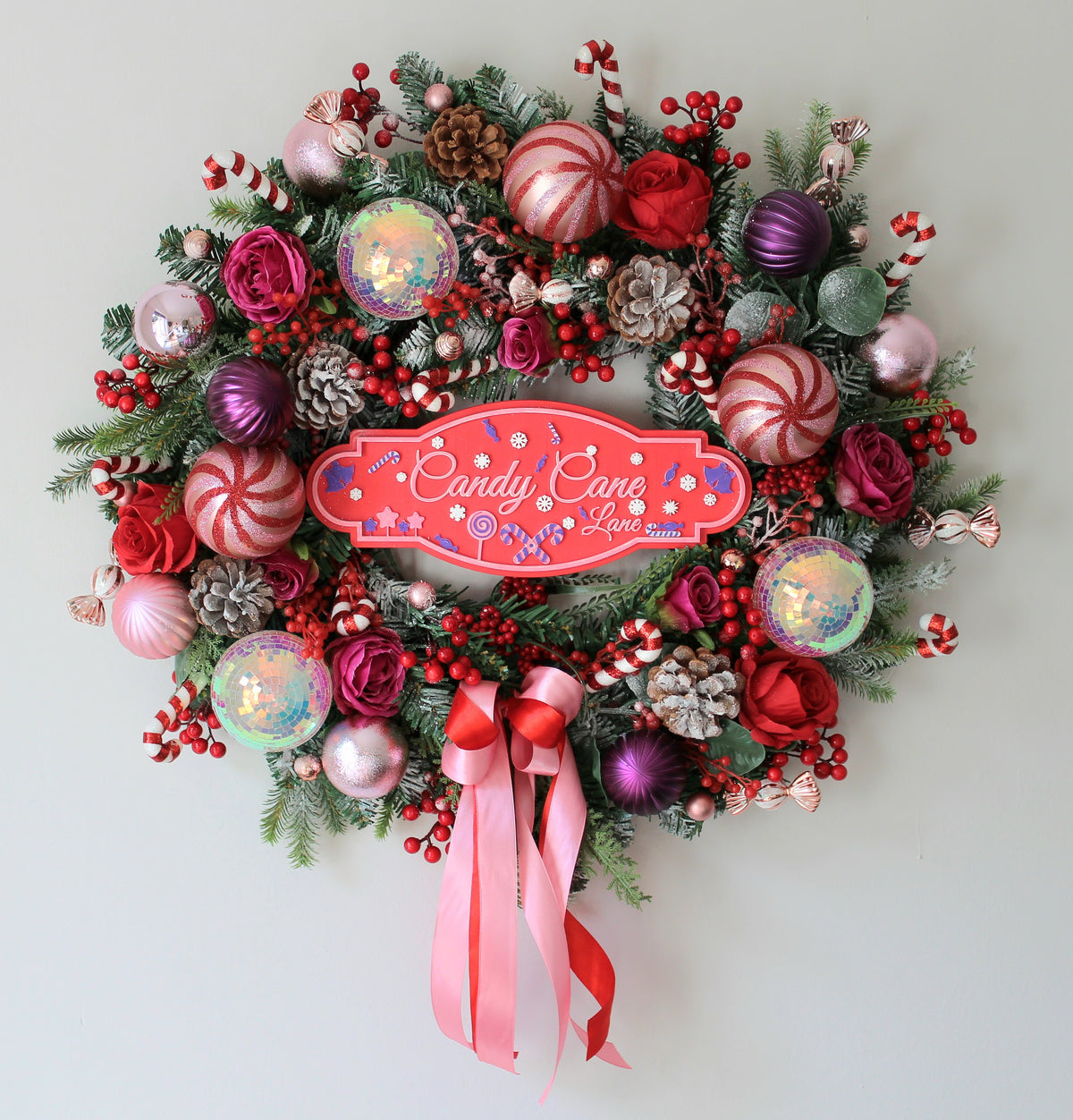 Candy Cane Lane Pink Door Wreath 60cm